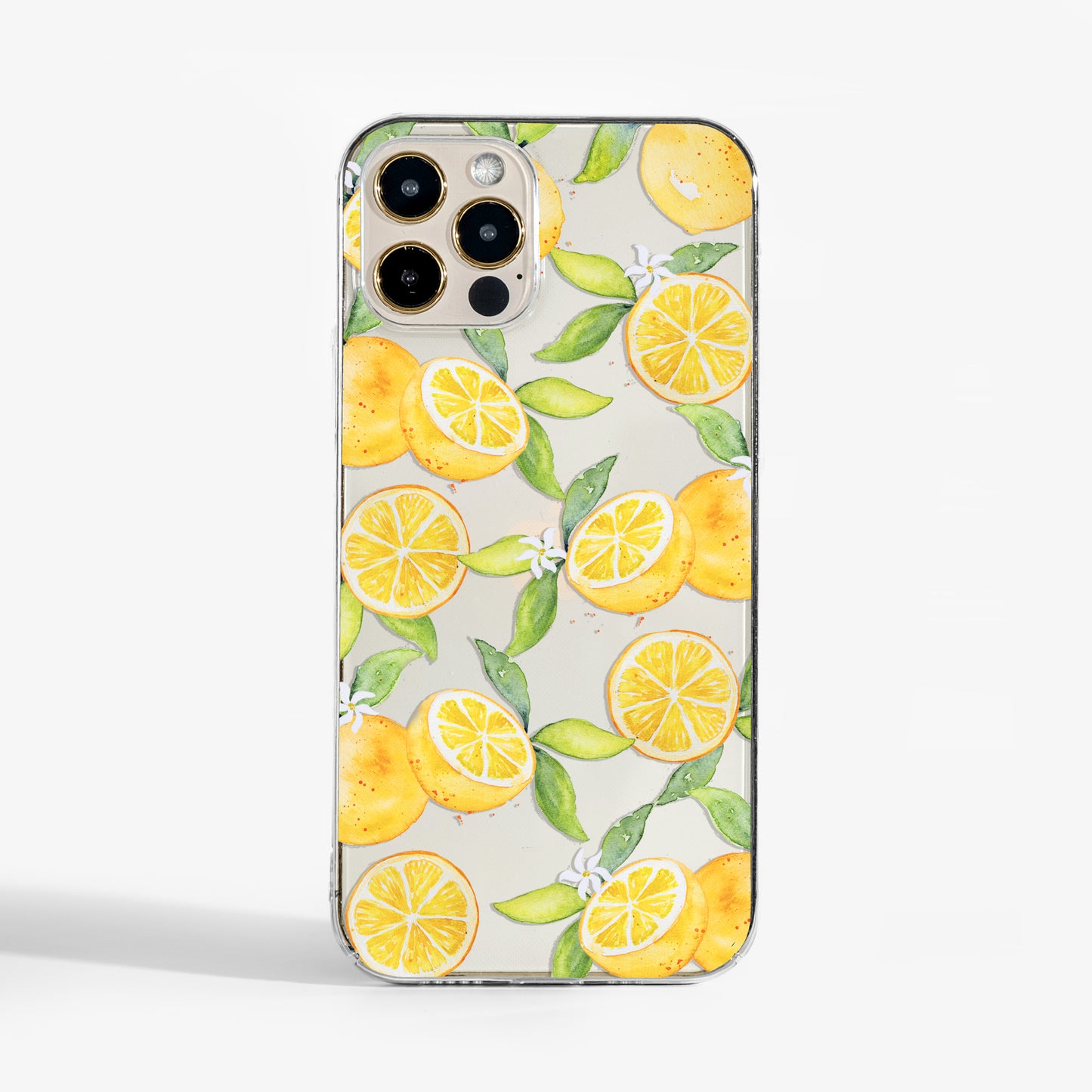 Clear phone case with bright watercolour citrus oranges print. A stylish, protective designer phone case for women who love fresh, colourful vibes.