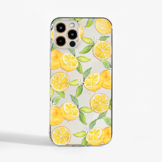Clear phone case with bright watercolour citrus oranges print. A stylish, protective designer phone case for women who love fresh, colourful vibes.