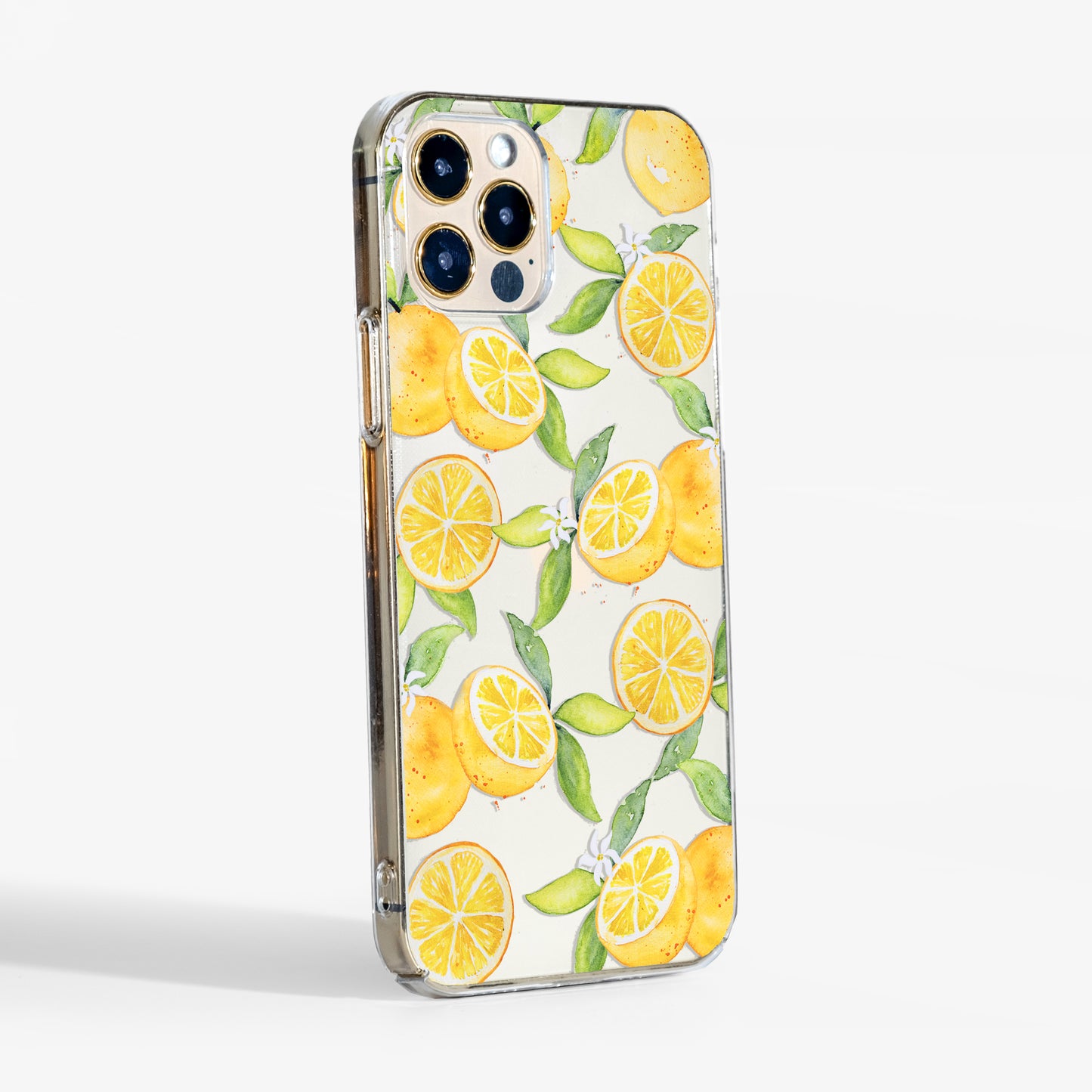 Side view showing oranges clear phone case with transparent sides and slim, durable fit