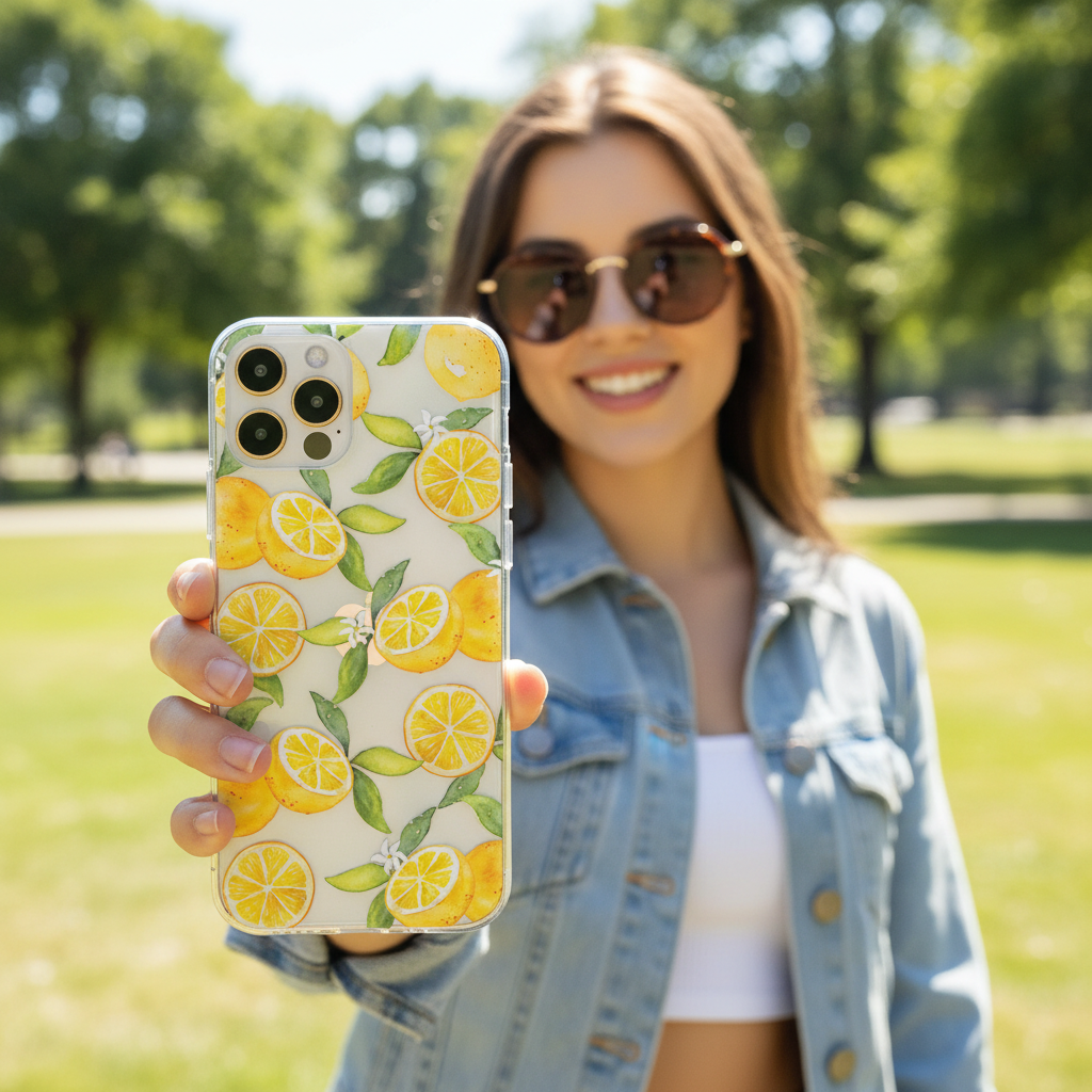 Woman holding a phone with a watercolour citrus fruit pattern phone case showing everyday use