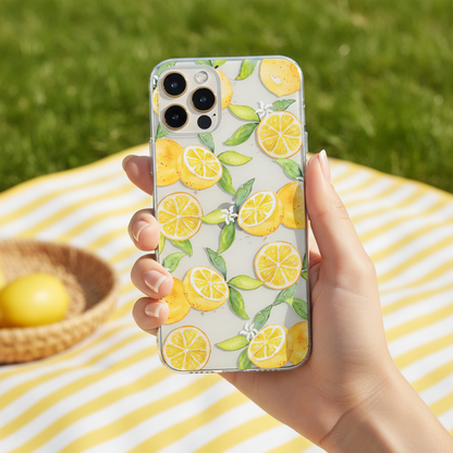 Clear Phone case with watercolour oranges design held by a hand 