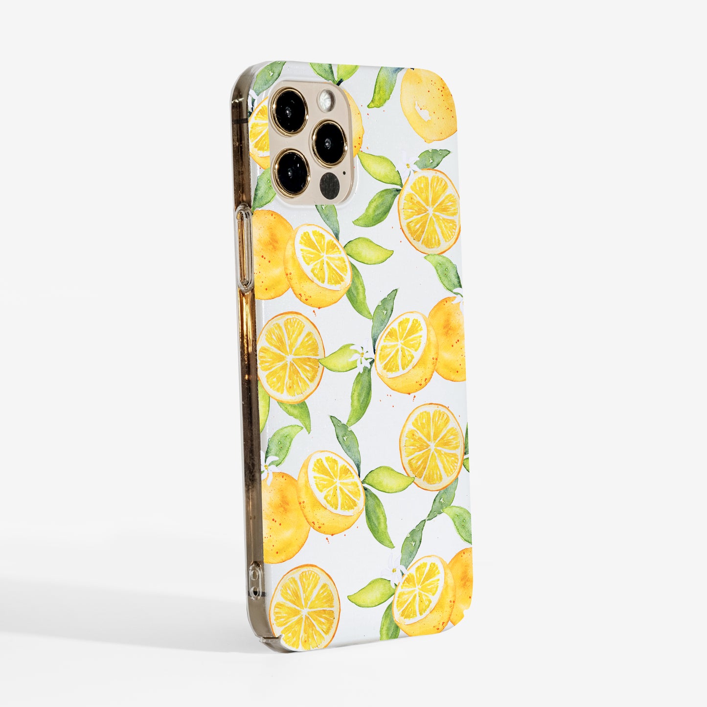 Side view showing oranges phone case with clear edges and slim protective shell.