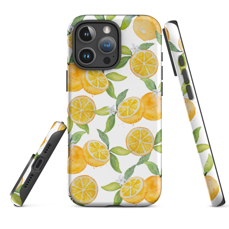 Example of the Oranges Tough Phone case for iPhone 15 showing full wrap around print and dual layer protective shell