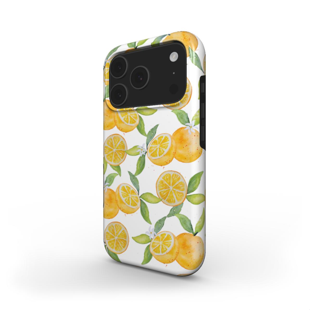 Side view of the Oranges Tough Case showing glossy wraparound design with printed edges.