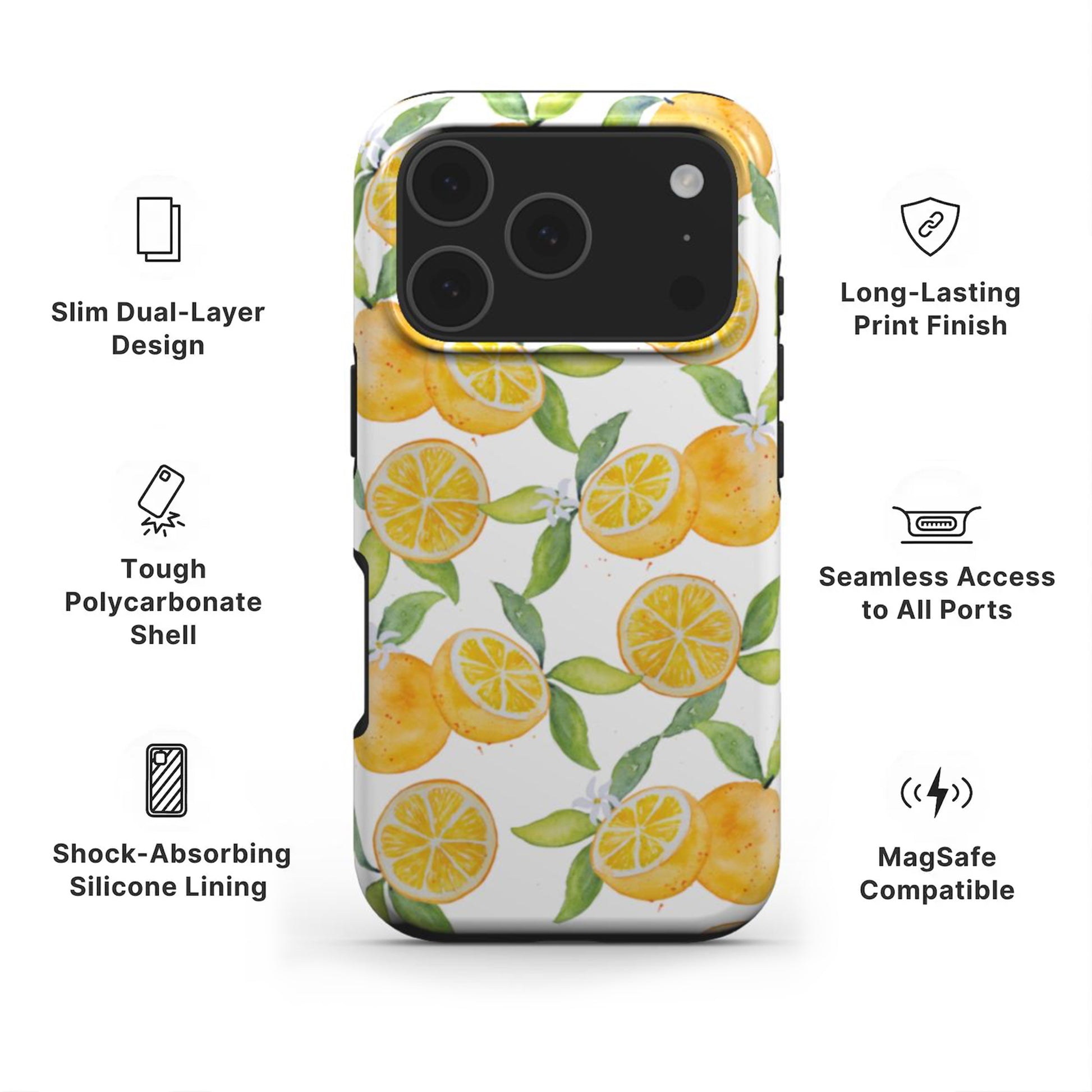 Oranges Tough Phone Case showing features like dual layer protection, long-lasting print and easy access to all ports 