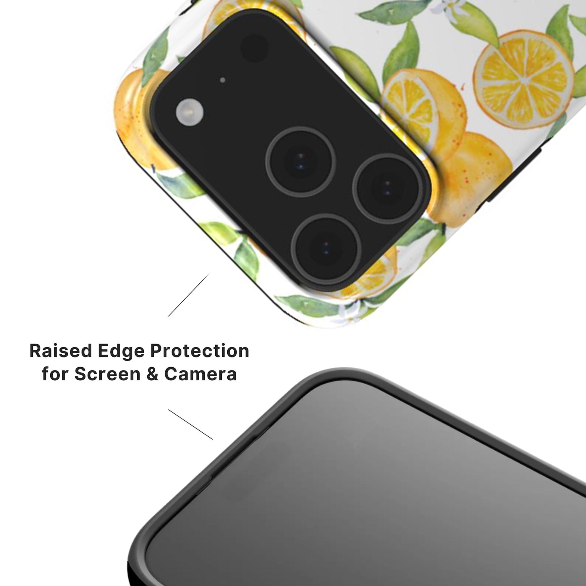 Phone case withwatercolour oranges design and raised edges for screen and camera protection