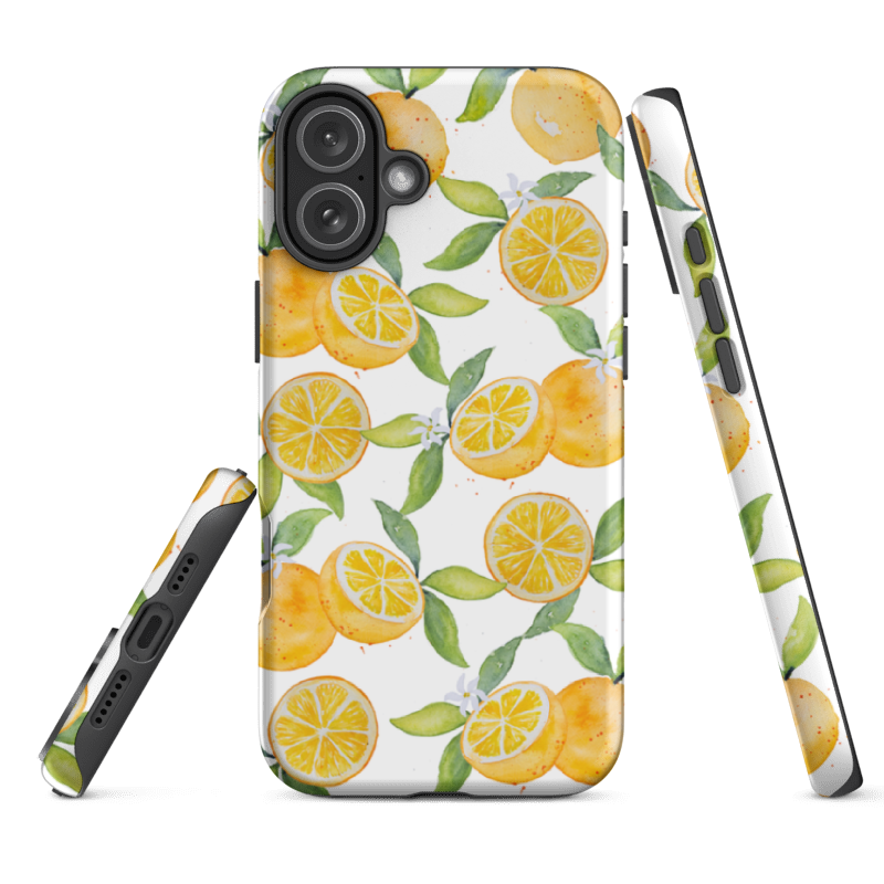 Example of the Oranges Tough Phone case for iPhone 16e, showing full wrap around print and dual layer protective shell