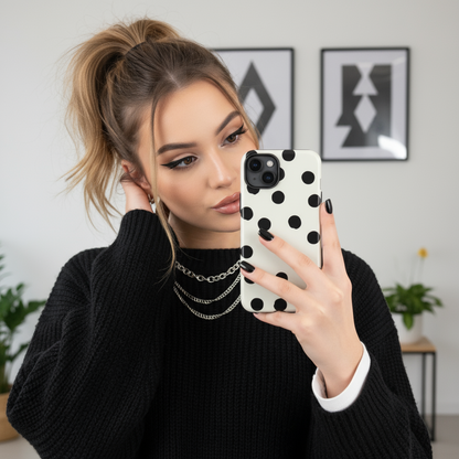 Woman holding a phone with a playful Painted Dots Tough Phone Case showing it inreal life