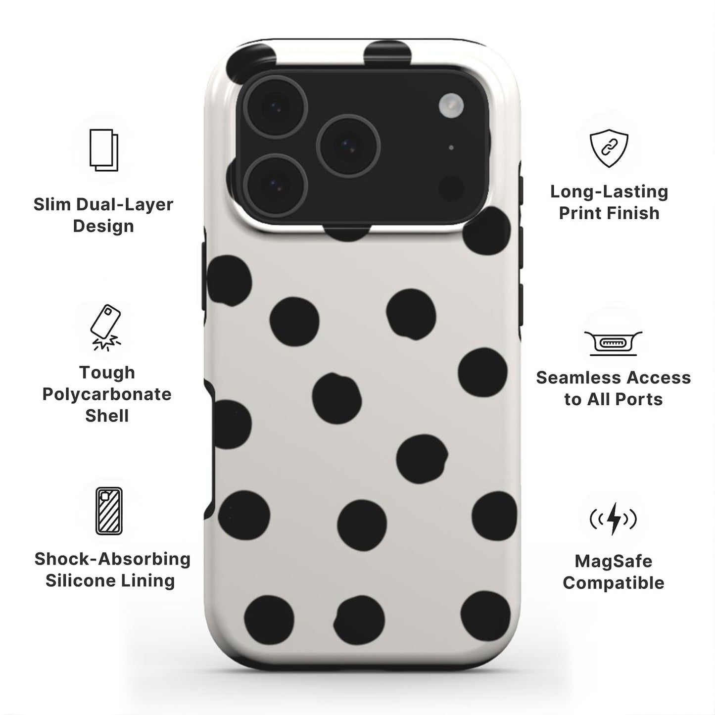 Painted Dots Tough Phone Case showing features like dual layer protection, long-lasting print and easy access to all ports 