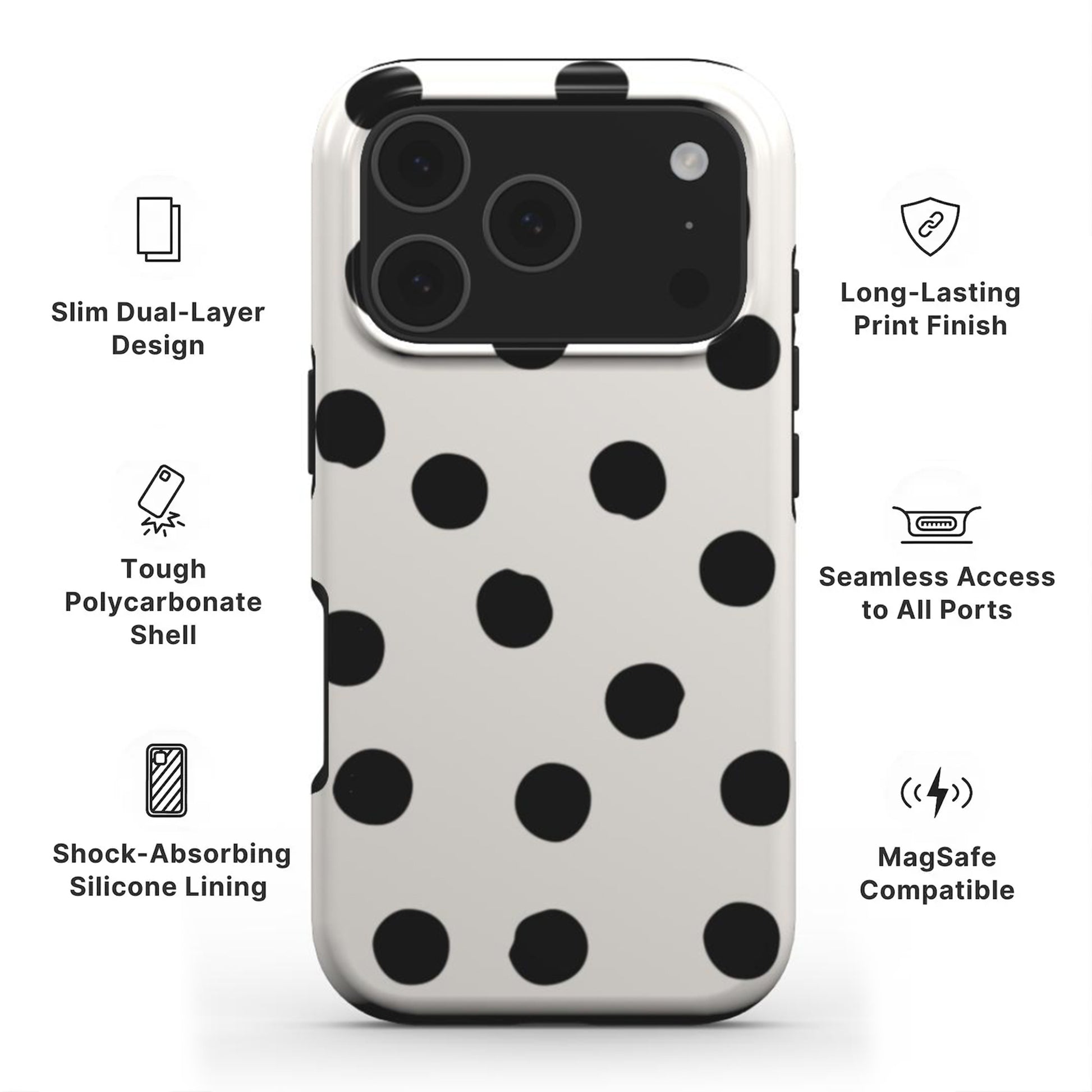 Painted Dots Tough Phone Case showing features like dual layer protection, long-lasting print and easy access to all ports 