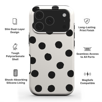 Painted Dots Tough Phone Case showing features like dual layer protection, long-lasting print and easy access to all ports 