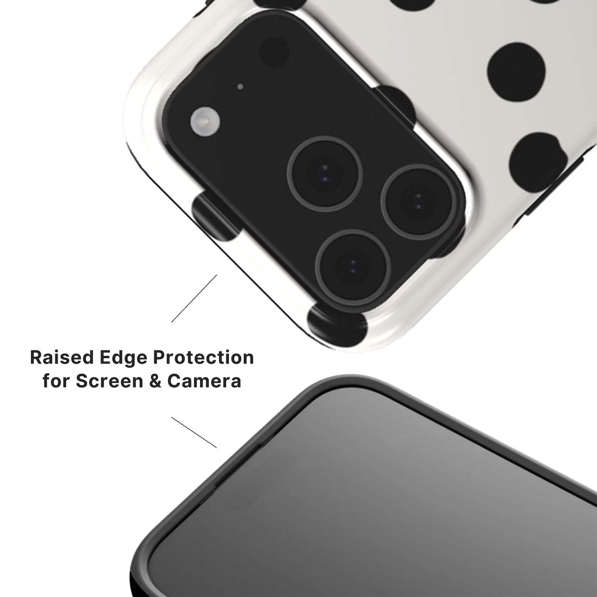 Painted Dots Phone Case showing raised camera and screen edges with black rim 