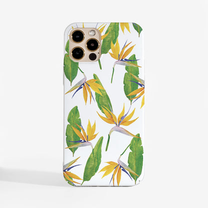 'Paradise flowers' art phone case bursting with tropical colour featuring watercolour florals on a white background. A stylish protective phone case for iPhone, Samsung, and Google Pixel 
