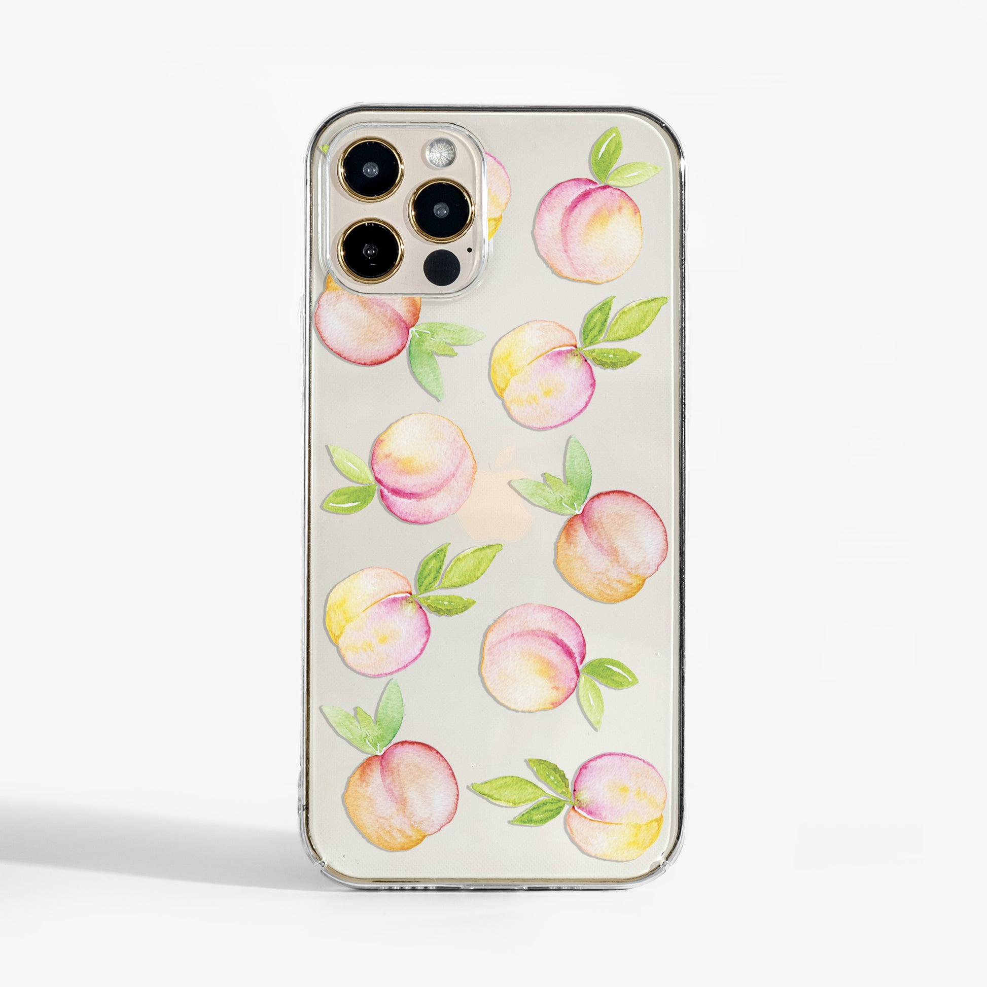 Clear phone case with soft pastel peaches print. A stylish and protective designer phone case for women who love subtle colour and playful design