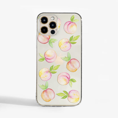 Clear phone case with soft pastel peaches print. A stylish and protective designer phone case for women who love subtle colour and playful design