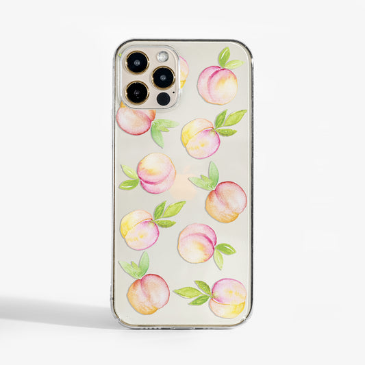 Clear phone case with soft pastel peaches print. A stylish and protective designer phone case for women who love subtle colour and playful design