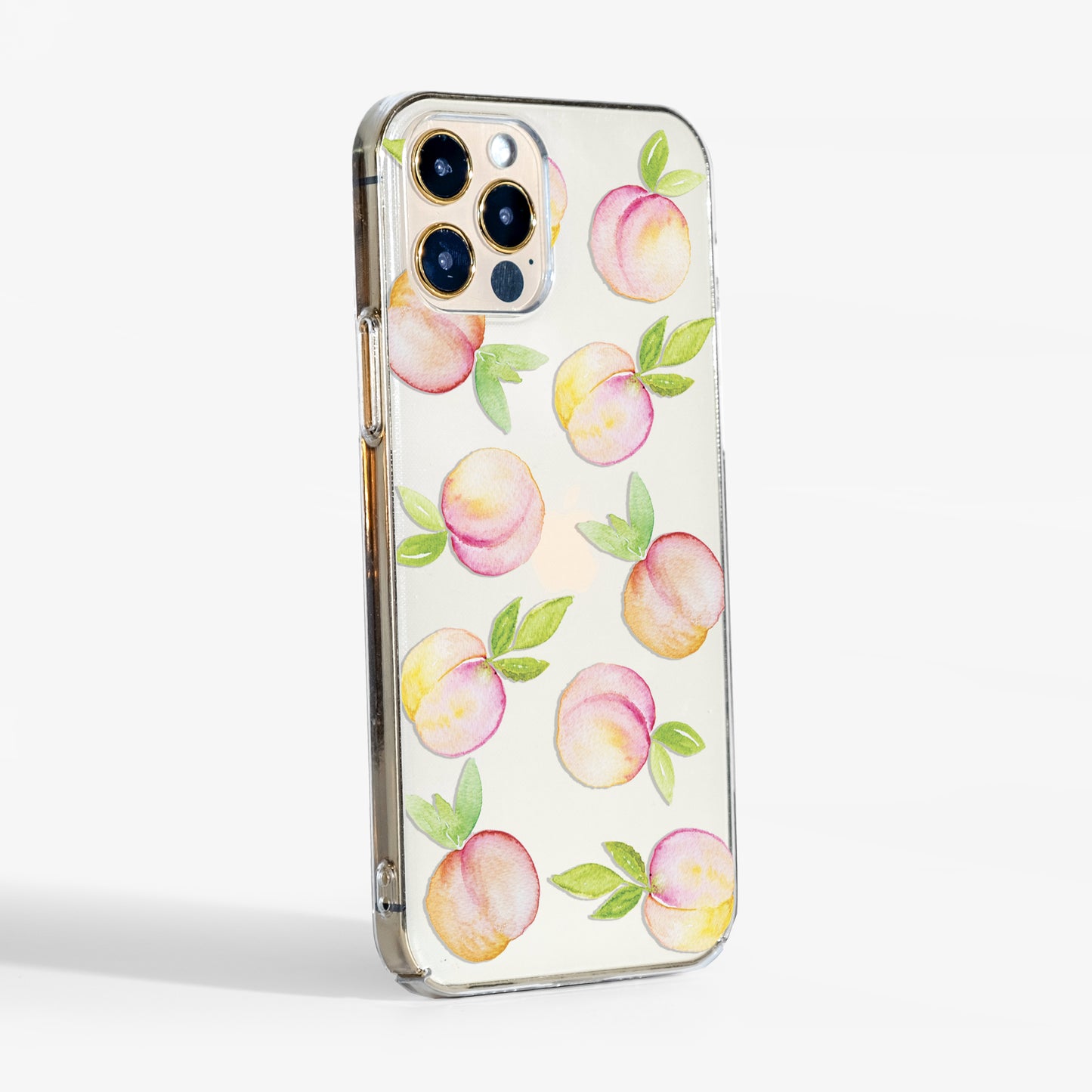 Side view showing clear peaches phone case with transparent sides and slim protective shell.