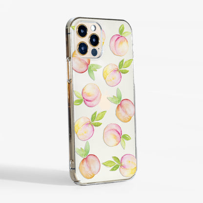 Side view showing clear peaches phone case with transparent sides and slim protective shell.