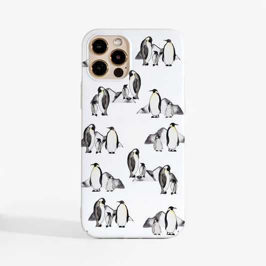 Cute penguins phone case with winter design and matte finish print, featuring watercolour penguins on a white background. A stylish protective phone case for iPhone, Samsung, and Google Pixel perfect for winter season.