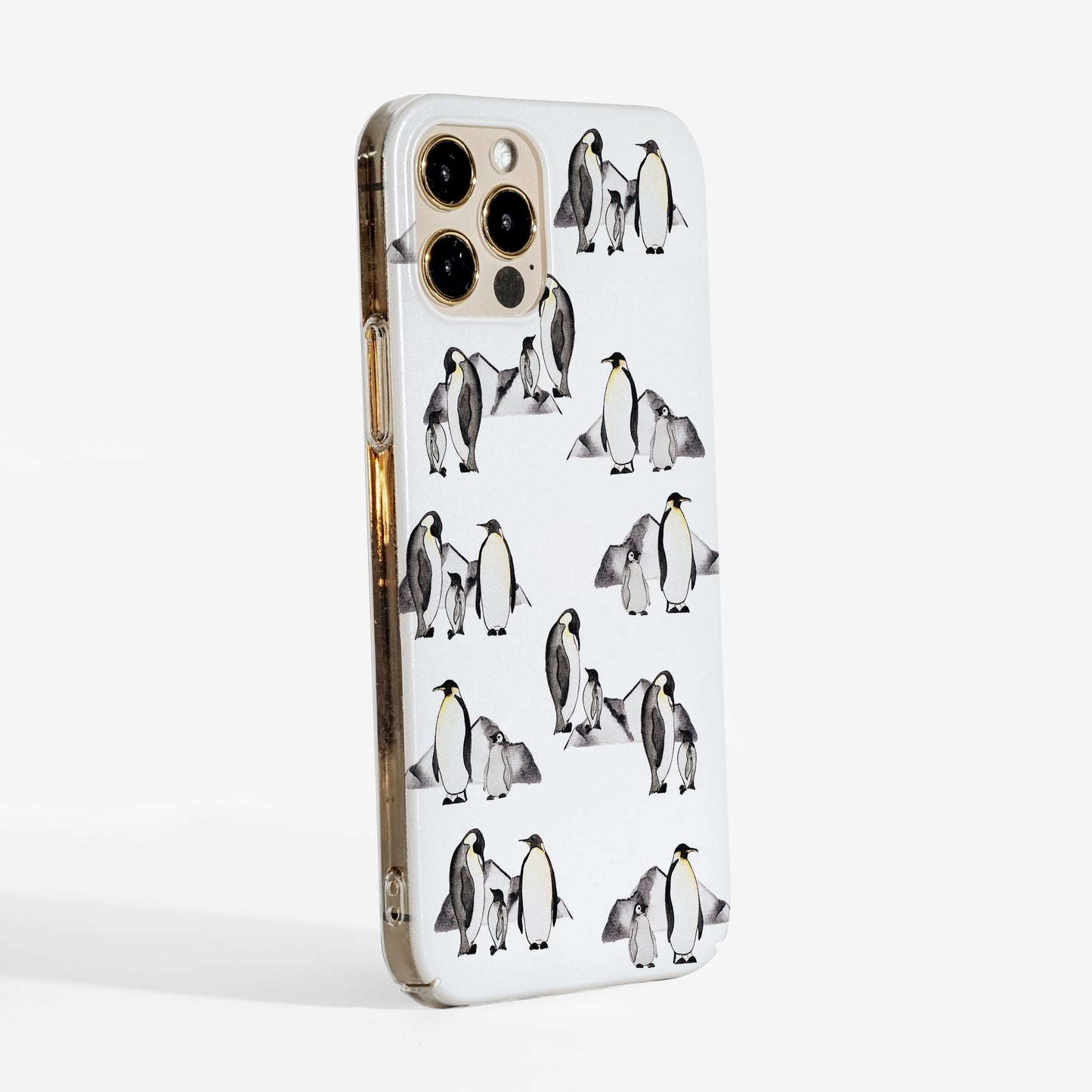 Side view showing penguins phone case with clear sides and slim, sturdy profile.