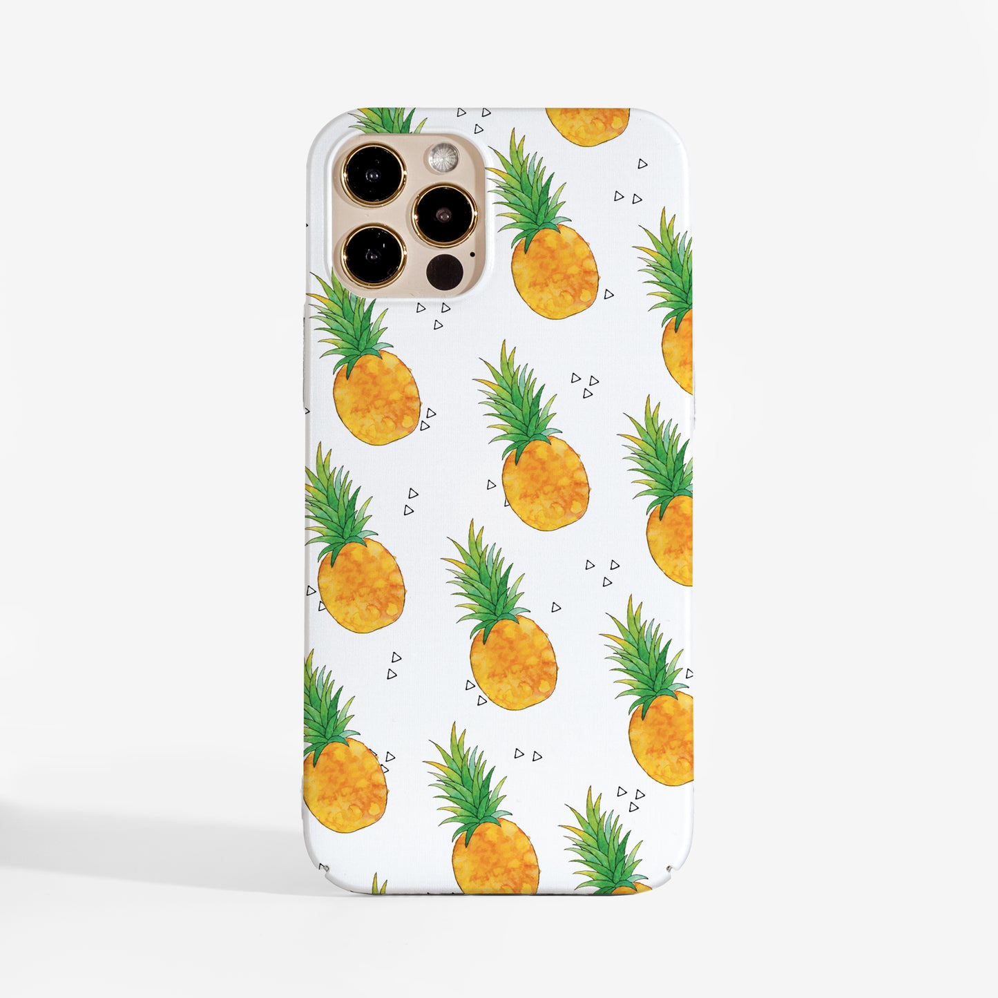 Tropical pineapple phone case with bright yellow fruit print on a white background and matte print finish. A stylish and protective art phone case for iPhone, Samsung, and Google Pixel.