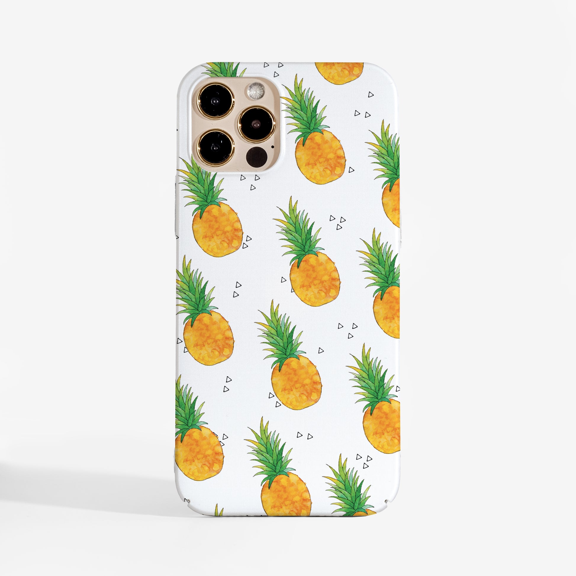 Tropical pineapple phone case with bright yellow fruit print on a white background and matte print finish. A stylish and protective art phone case for iPhone, Samsung, and Google Pixel.
