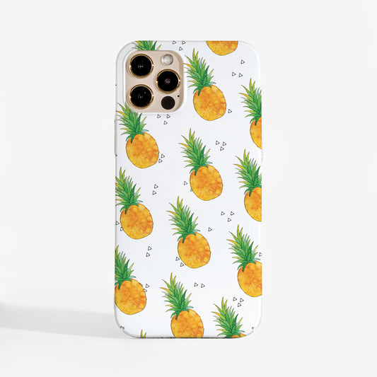 Tropical pineapple phone case with bright yellow fruit print on a white background and matte print finish. A stylish and protective art phone case for iPhone, Samsung, and Google Pixel.