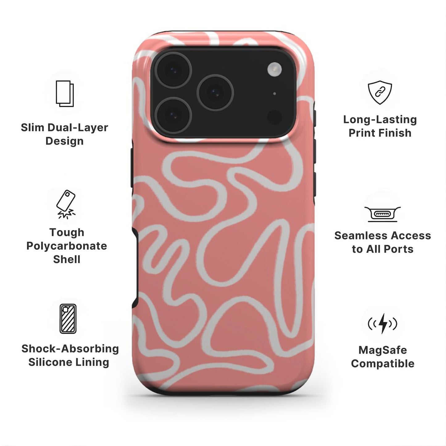 Pink Abstract Line Phone Case showing features like dual layer protection, long-lasting print and easy access to all ports 