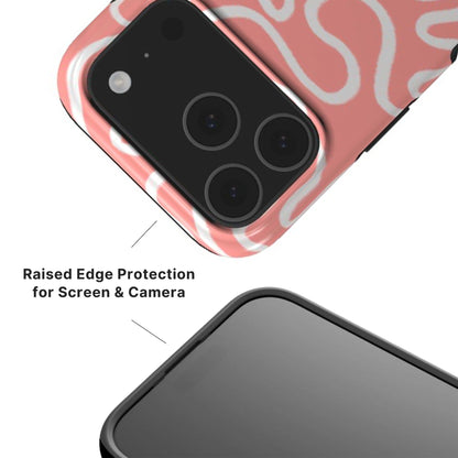 Pink Abstract Line Phone Case showing raised camera and screen edges with black rim 