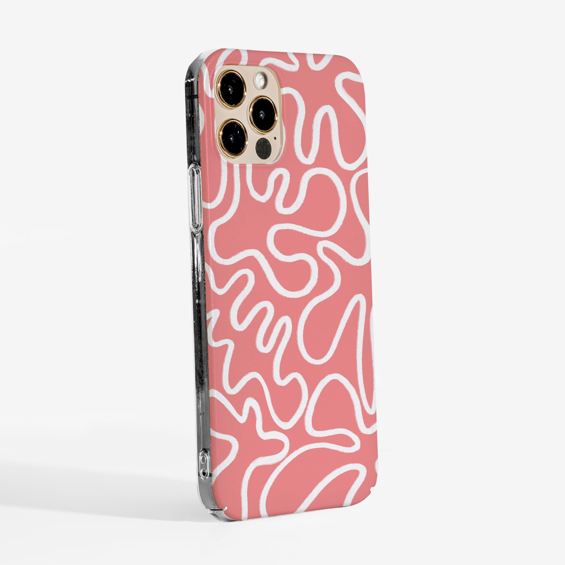 Side view showing pink abstract lines phone case with clear edges and slim durable profile.