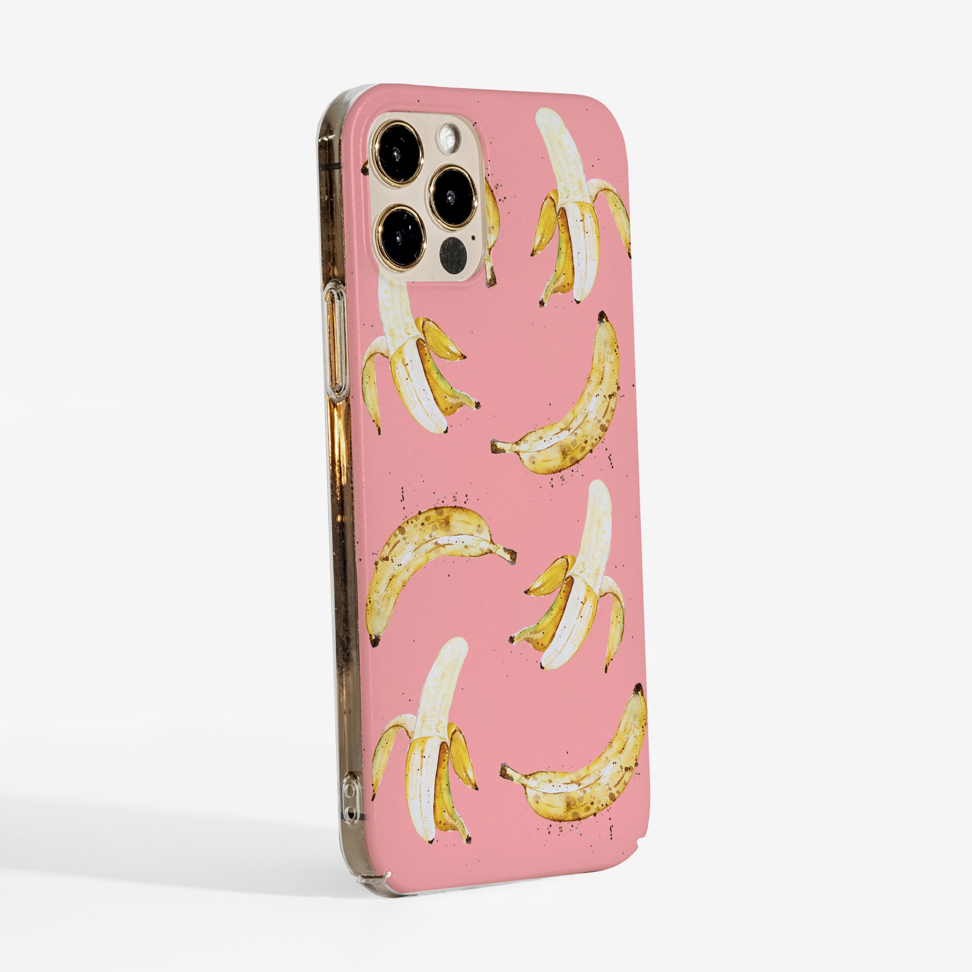 Side view showing transparent edges and slim fit of the pink banana phone case 