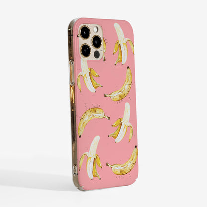 Side view showing transparent edges and slim fit of the pink banana phone case 