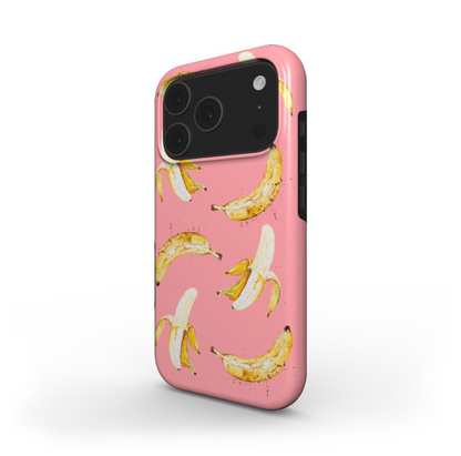 Side view of the Pink Banana Tough Case showing wraparound design with printed edges and slim, durable construction.
