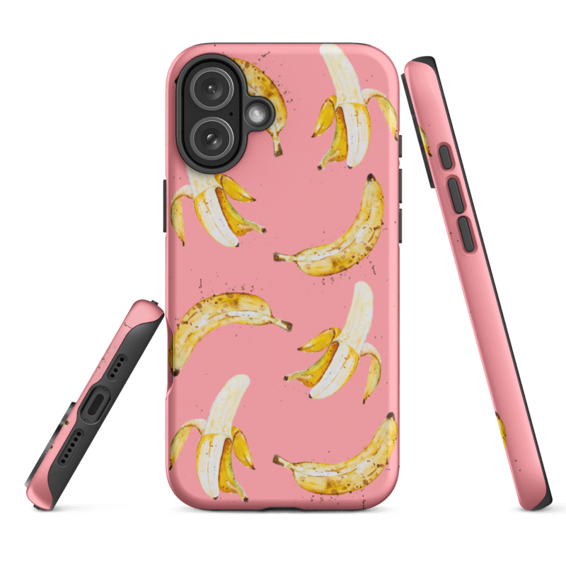 Pink Banana phone case with wraparound banana design on a pink background with dual layer protective shell