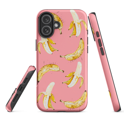 Pink Banana phone case with wraparound banana design on a pink background with dual layer protective shell