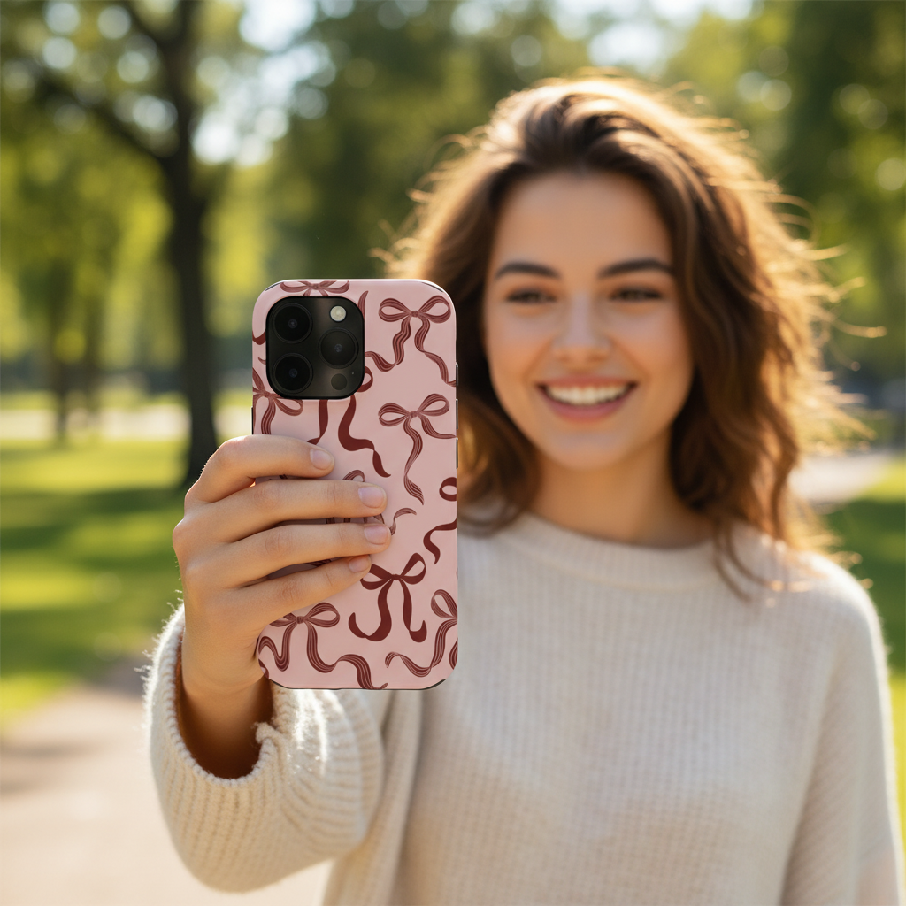 woman taking a selfie with the pink bow phone case showing everyday use