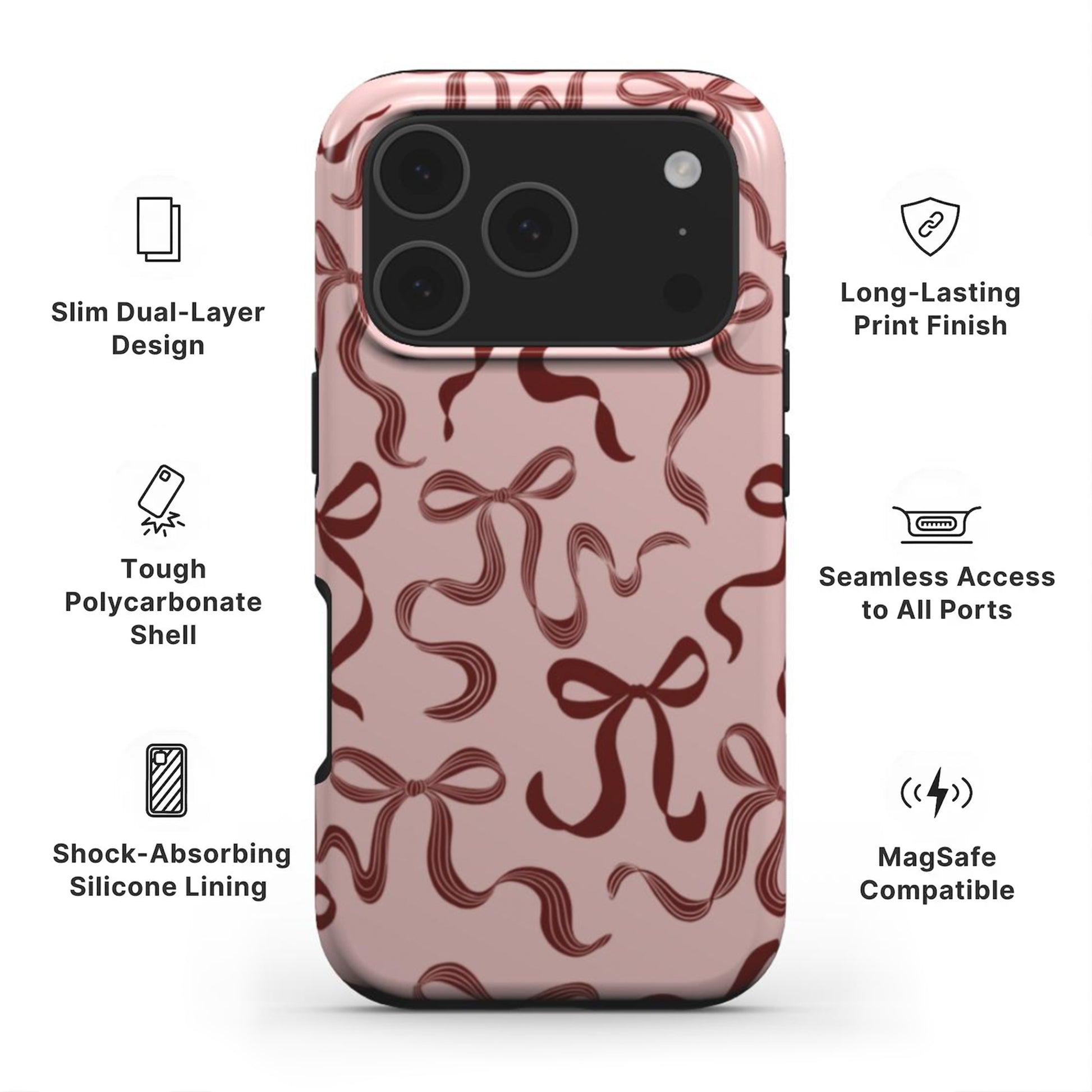 Pink Bow Tough Phone Case showing features like dual-layer protection, Scratch-resistant print and easy access to all ports