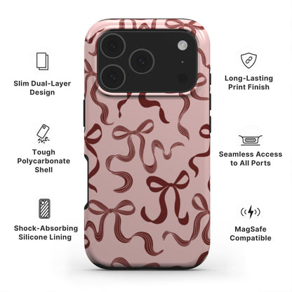 Pink Bow Tough Phone Case showing features like dual-layer protection, Scratch-resistant print and easy access to all ports