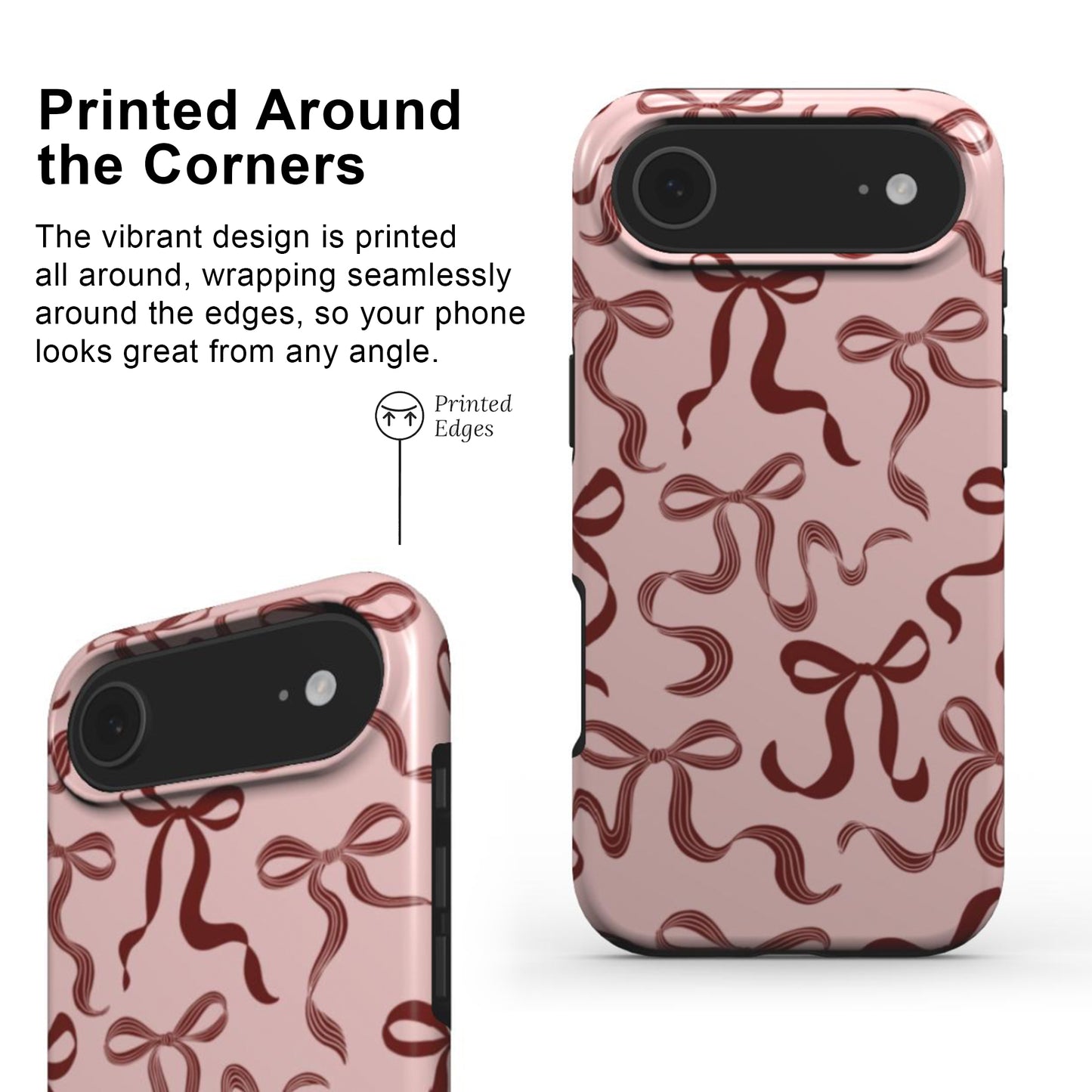 Phone case with pretty bow design showing edge-to-edge print