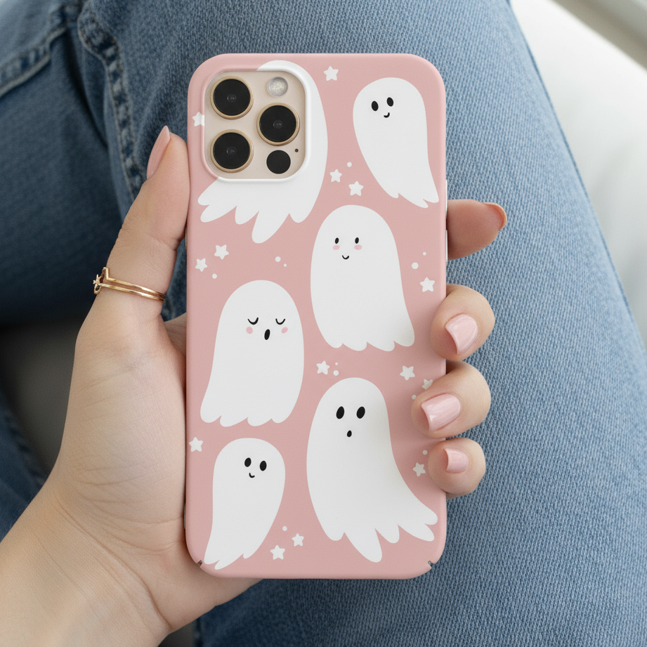 Phone case with pretty pink ghost design held by a hand against a denim background