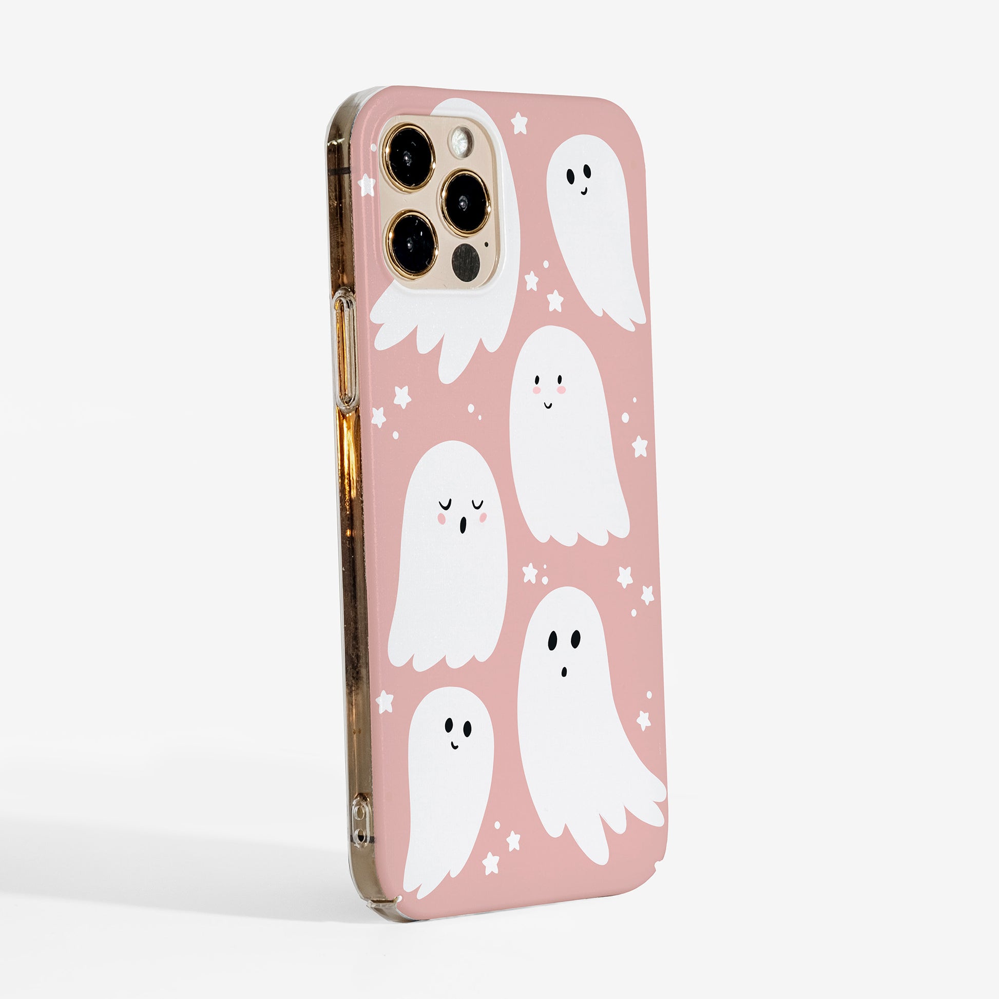  Side view showing pink ghosts phone case with clear sides and slim, durable cover for everyday protection.