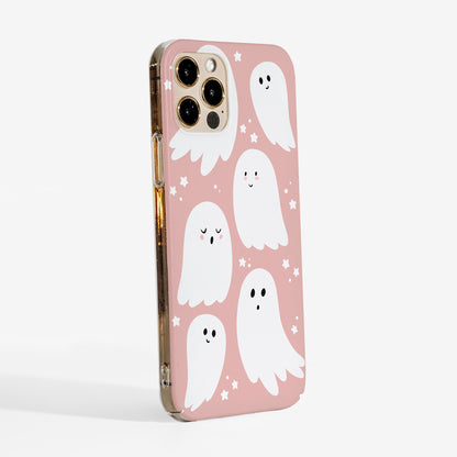  Side view showing pink ghosts phone case with clear sides and slim, durable cover for everyday protection.