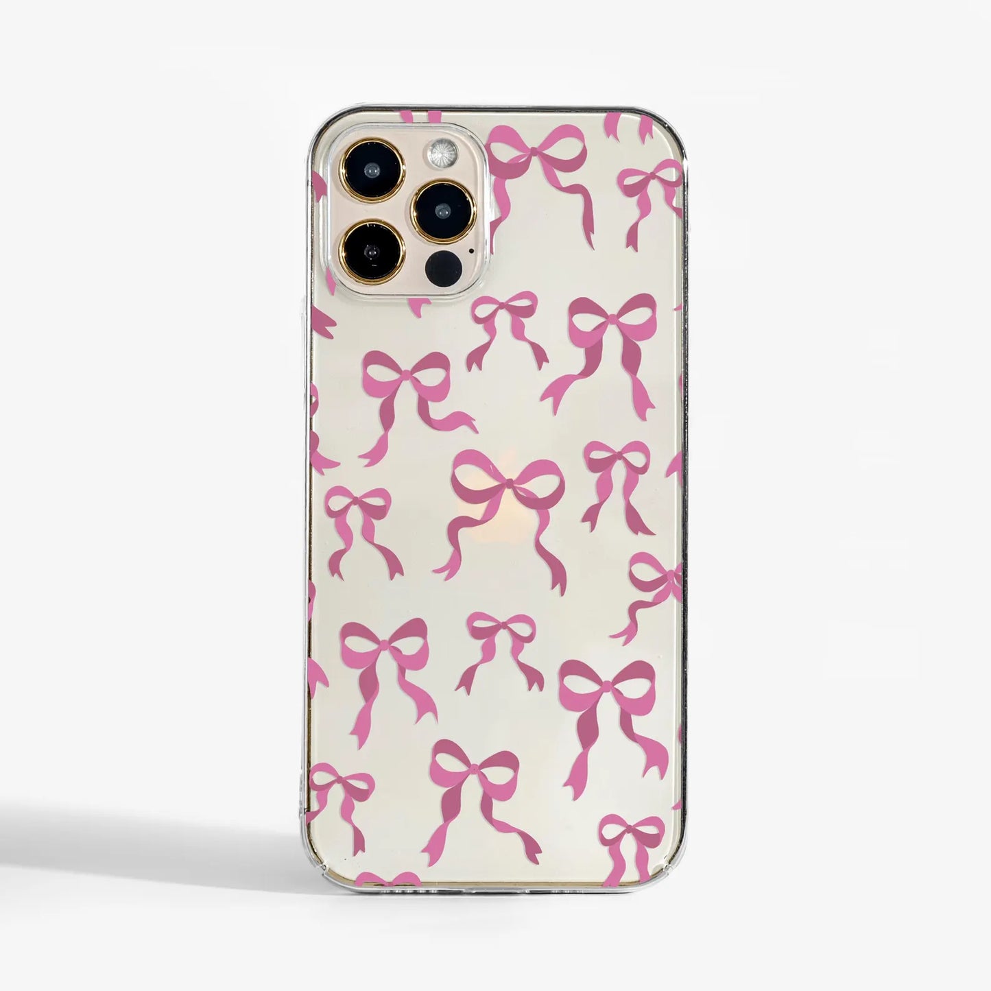 Clear phone case with pink ribbon bow print — a stylish and protective designer phone case for women who love girly charm and soft details.