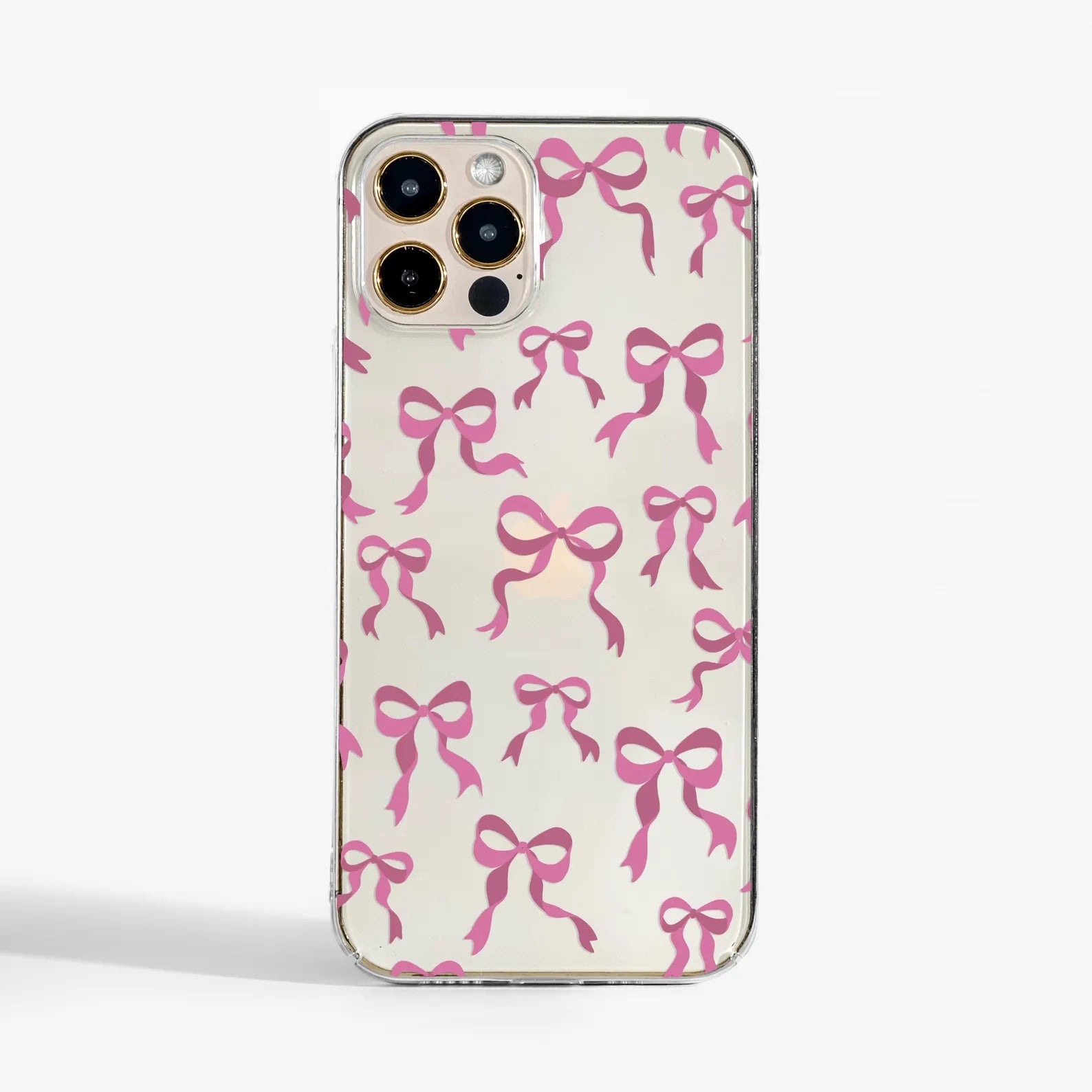 Clear phone case with pink ribbon bow print — a stylish and protective designer phone case for women who love girly charm and soft details.