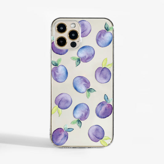 Clear phone case with watercolour plums fruit designon a transparent background. A stylish, protective art phone case for iPhone, Samsung, and Google Pixel.