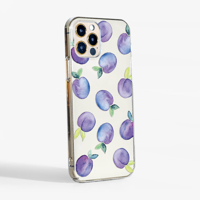 Side view of plums clear phone case showing transparent sides and slim, durable fit.