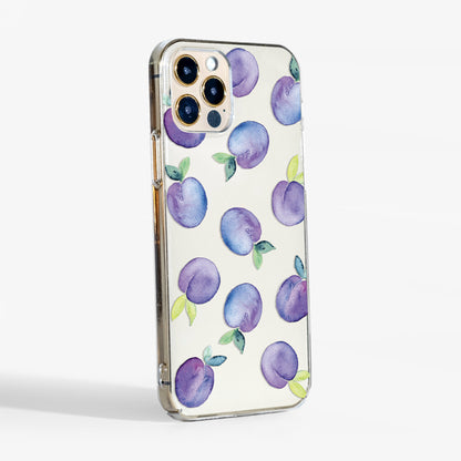 Side view of plums clear phone case showing transparent sides and slim, durable fit.