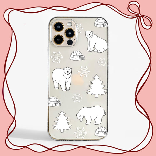 Clear Phone case with polar bears and a transparent background, perfect for the winter season