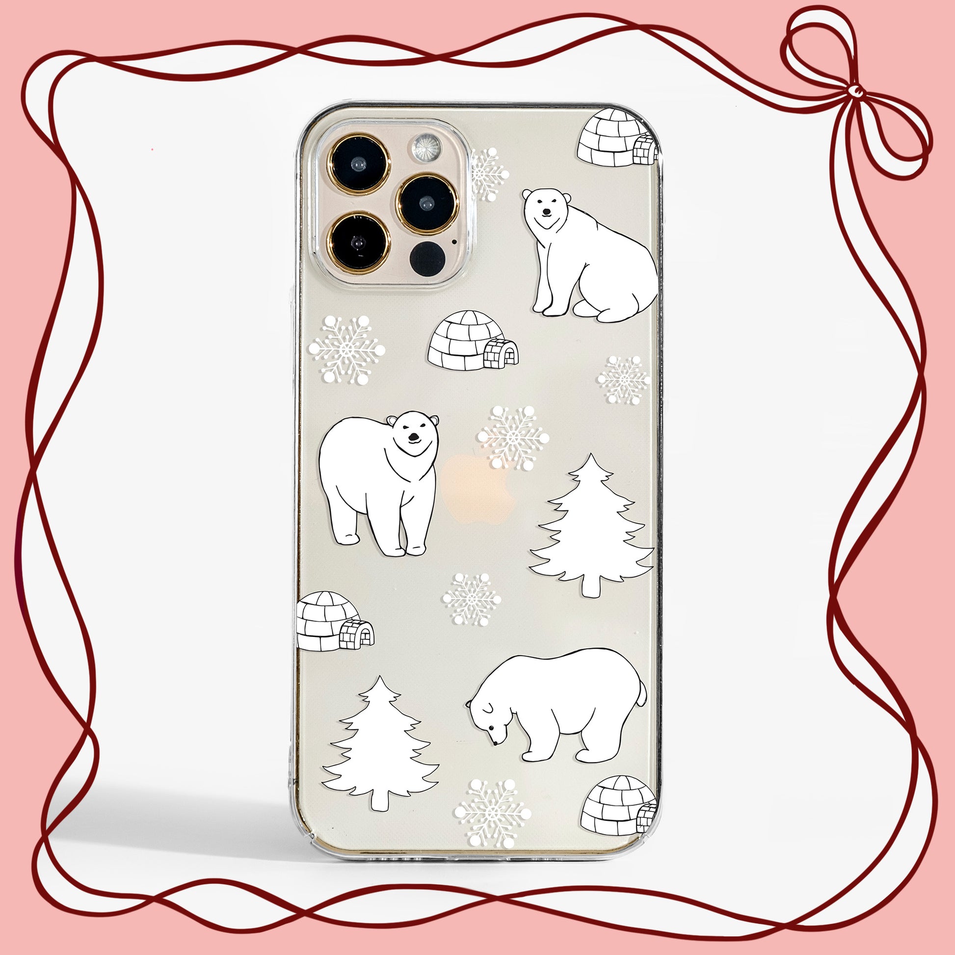 CLEAR Phone case with winter polar bears and a transparent background, perfect for the festive season