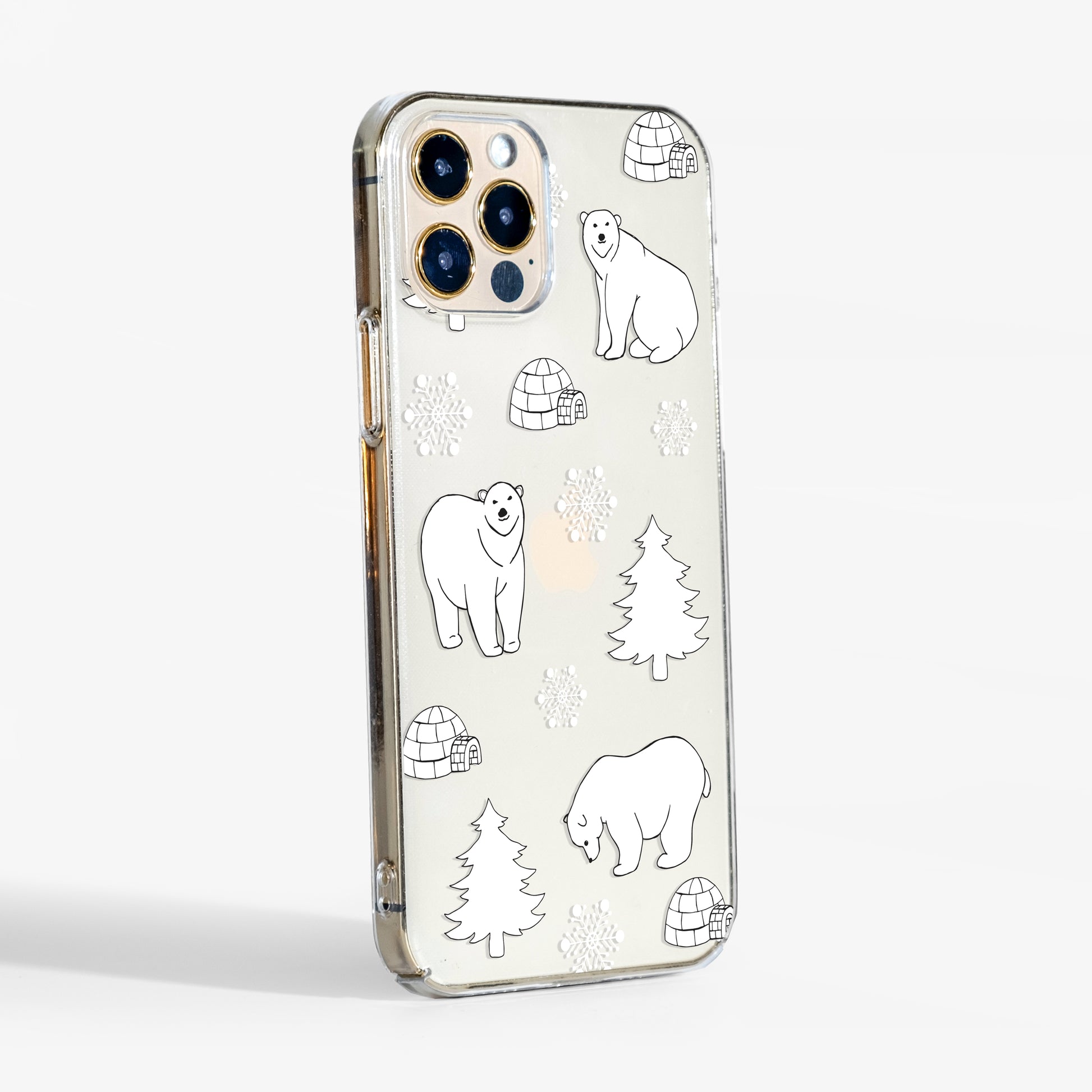 Side view showing polar bears clear phone case with transparent sides and slim, sturdy profile.